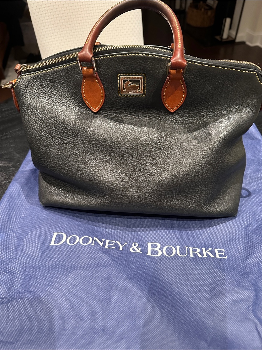 Dooney & Bourke Black Pebbled Leather Satchel with Brown Handles
